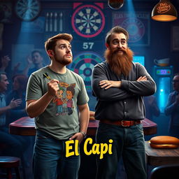 In a Tim Burton movie style, a 25-year-old man who is stocky, very tall, and in poor physical shape holds a set of darts in his hand