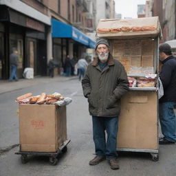 A homeless man with a weathered appearance, standing on the side of a bustling city street, earnestly selling hot dogs from a makeshift stand.