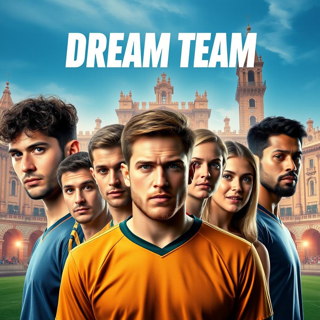 A movie poster for a sports-themed film titled 'Dream Team' set in Salamanca, featuring seven team members