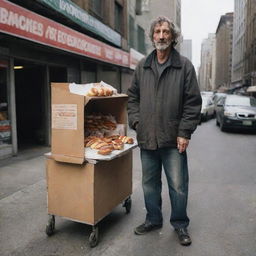 A homeless man with a weathered appearance, standing on the side of a bustling city street, earnestly selling hot dogs from a makeshift stand.