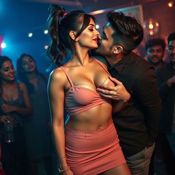 Sensual portrayal of Nushrat Bharucha as a hot modern girl wearing a chic short skirt and vibrant red lipstick, confidently removing her crop top to reveal her enticing cleavage and navel