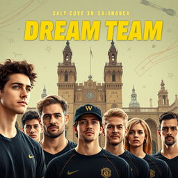 A movie poster for a sports and university-themed film titled 'Dream Team' set in Salamanca, featuring seven male team members