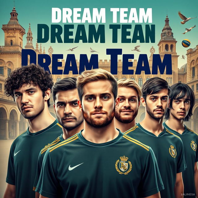 A movie poster for a sports and university-themed film titled 'Dream Team' set in Salamanca, featuring seven male team members