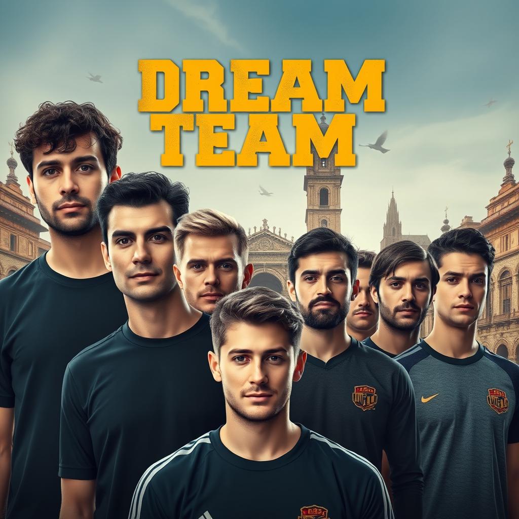 A movie poster for a sports and university-themed film titled 'Dream Team' set in Salamanca, featuring seven male team members