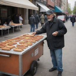 A dedicated homeless man selling hot dogs from a makeshift street cart as a sudden influx of eager customers begin to form a line, creating a scene of unexpected hustle and bustle.