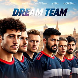 A movie poster for a sports and university-themed film titled 'Dream Team' set in Salamanca, featuring seven male team members