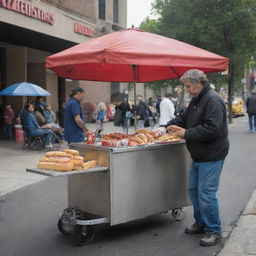 A dedicated homeless man selling hot dogs from a makeshift street cart as a sudden influx of eager customers begin to form a line, creating a scene of unexpected hustle and bustle.