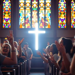 A group of people joyfully praising in a church, with a radiant light cross positioned prominently in front of them