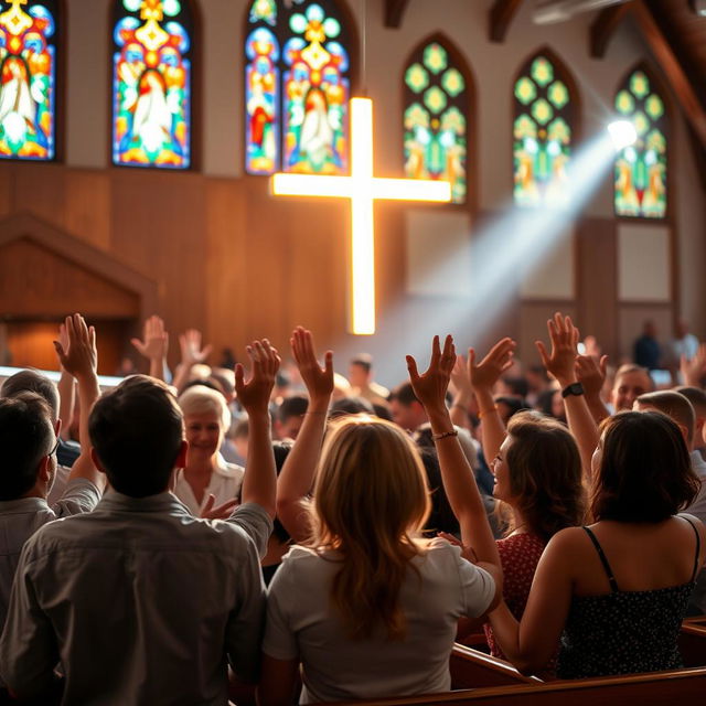 A group of people joyfully praising in a church, with a radiant light cross positioned prominently in front of them