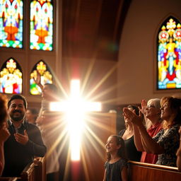 A group of people joyfully praising in a church, with a radiant light cross positioned prominently in front of them