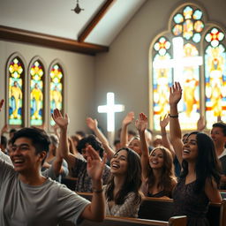 A group of people joyfully praising in a church, with a radiant light cross positioned prominently in front of them