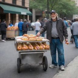 A dedicated homeless man selling hot dogs from a makeshift street cart as a sudden influx of eager customers begin to form a line, creating a scene of unexpected hustle and bustle.