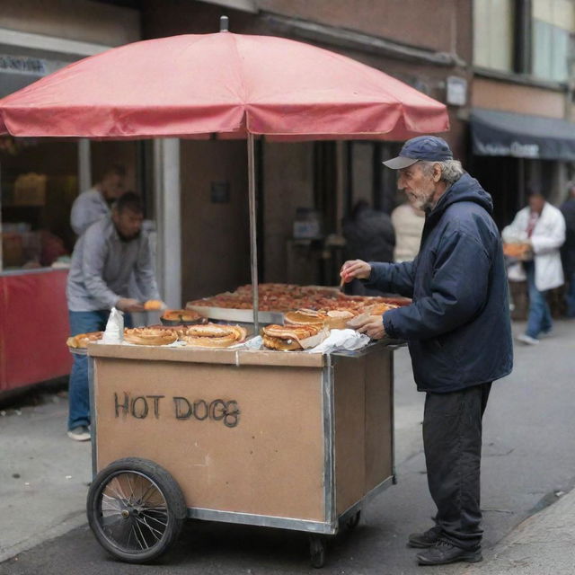 A dedicated homeless man selling hot dogs from a makeshift street cart as a sudden influx of eager customers begin to form a line, creating a scene of unexpected hustle and bustle.