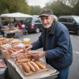 An industrious homeless man selling hot dogs from a roadside stall, as an unexpected surge of customers arrive, leading to him earning a substantial amount of money, encapsulating a mix of surprise and happiness.