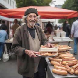 An industrious homeless man selling hot dogs from a roadside stall, as an unexpected surge of customers arrive, leading to him earning a substantial amount of money, encapsulating a mix of surprise and happiness.