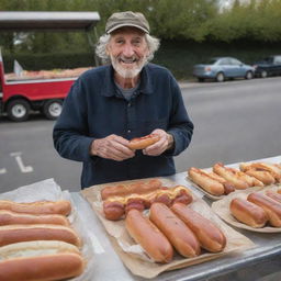 An industrious homeless man selling hot dogs from a roadside stall, as an unexpected surge of customers arrive, leading to him earning a substantial amount of money, encapsulating a mix of surprise and happiness.