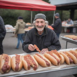 An industrious homeless man selling hot dogs from a roadside stall, as an unexpected surge of customers arrive, leading to him earning a substantial amount of money, encapsulating a mix of surprise and happiness.