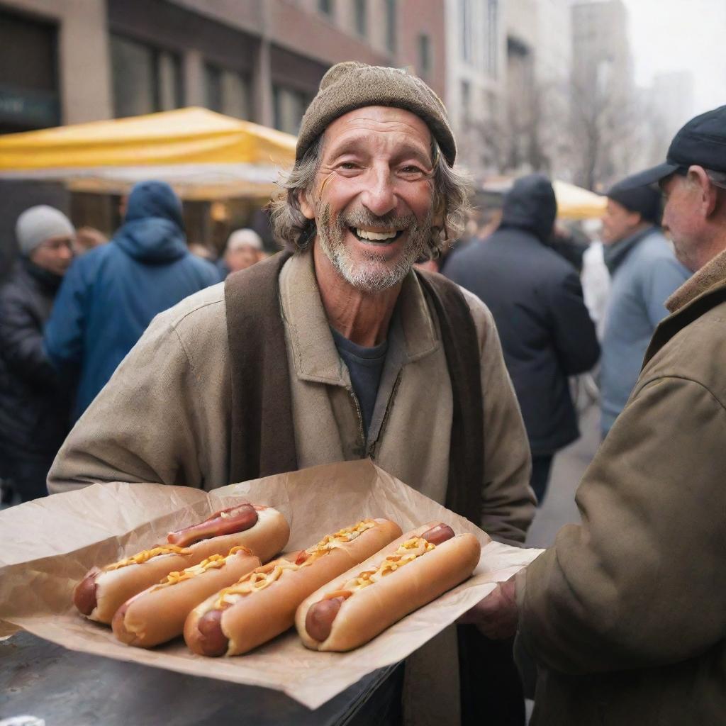 A homeless man, now turned successful hot dog vendor, as a crowd of customers swarm his humble stand, his face lighting up with joy as he begins to accumulate considerable wealth, a manifestation of unexpected prosperity.