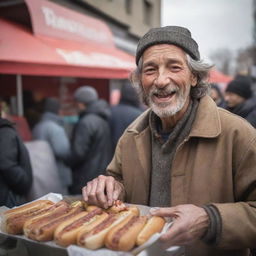 A homeless man, now turned successful hot dog vendor, as a crowd of customers swarm his humble stand, his face lighting up with joy as he begins to accumulate considerable wealth, a manifestation of unexpected prosperity.