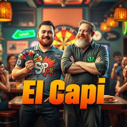 In a family comedy movie style, a 25-year-old man who is stocky, very tall, and in poor physical shape holds a colorful set of darts in his hand