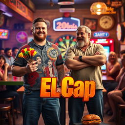 In a family comedy movie style, a 25-year-old man who is stocky, very tall, and in poor physical shape holds a colorful set of darts in his hand