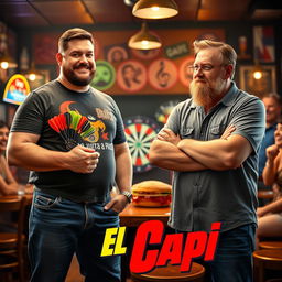 In a family comedy movie style, a 25-year-old man who is stocky, very tall, and in poor physical shape holds a colorful set of darts in his hand