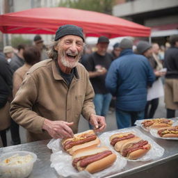 A homeless man, now turned successful hot dog vendor, as a crowd of customers swarm his humble stand, his face lighting up with joy as he begins to accumulate considerable wealth, a manifestation of unexpected prosperity.