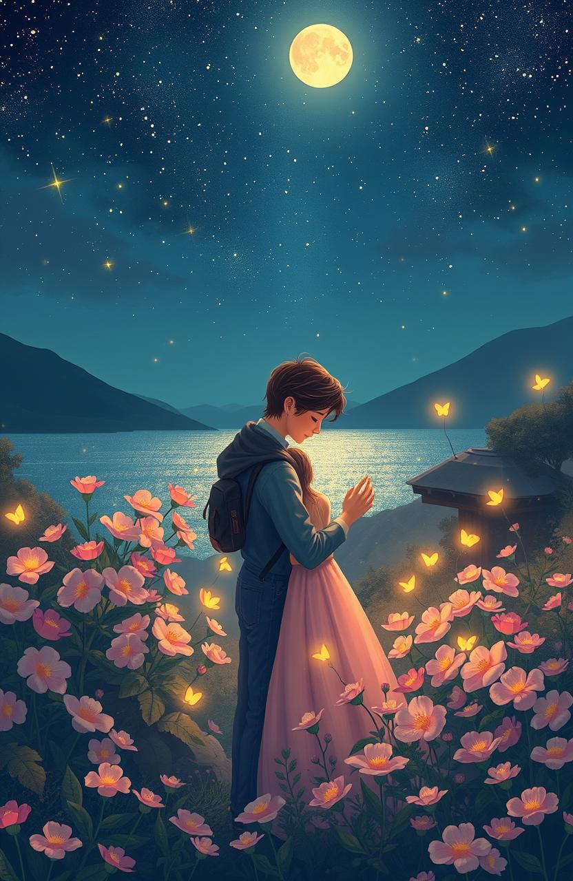 A beautifully illustrated scene depicting a couple embracing each other under a starlit sky, surrounded by a lush garden filled with blooming flowers, symbolizing love and nostalgia