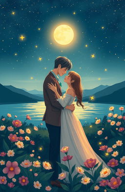 A beautifully illustrated scene depicting a couple embracing each other under a starlit sky, surrounded by a lush garden filled with blooming flowers, symbolizing love and nostalgia
