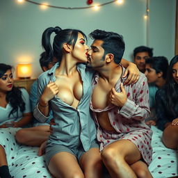 Sensual portrayal of Nushrat Bharucha as a hot modern girl in a stylish short skirt and bold red lipstick, confidently removing her shirt to reveal her captivating cleavage and navel