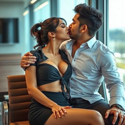Sensual portrayal of Nushrat Bharucha as a hot modern girl in a stylish short skirt and bold red lipstick, confidently removing her shirt to reveal her captivating cleavage and navel