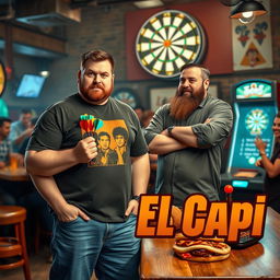 In a family comedy movie style, a 25-year-old man who is stocky, very tall, and in poor physical shape holds a vibrant set of darts in his hand