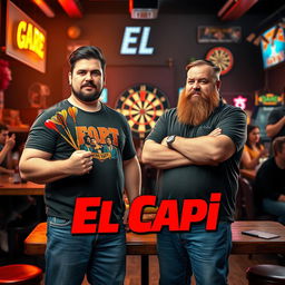 In a family comedy movie style, a 25-year-old man who is stocky, very tall, and in poor physical shape holds a vibrant set of darts in his hand