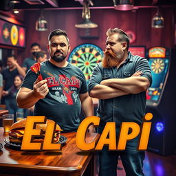 In a family comedy movie style, a 25-year-old man who is stocky, very tall, and in poor physical shape holds a vibrant set of darts in his hand