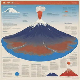 Design a visually distinct and informative poster of Mt. Fuji. Highlights include the iconic cone shape, specific locations, magma type, eruption types, formation, and effects of eruptions depicted through images, diagrams, infographics, and a volcanic color palette.