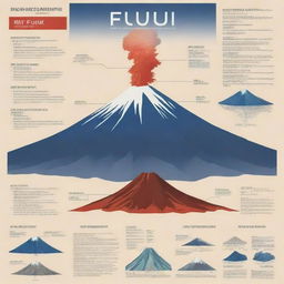 Design a visually distinct and informative poster of Mt. Fuji. Highlights include the iconic cone shape, specific locations, magma type, eruption types, formation, and effects of eruptions depicted through images, diagrams, infographics, and a volcanic color palette.