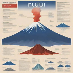 Design a visually distinct and informative poster of Mt. Fuji. Highlights include the iconic cone shape, specific locations, magma type, eruption types, formation, and effects of eruptions depicted through images, diagrams, infographics, and a volcanic color palette.