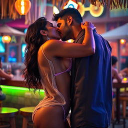 A sensual woman resembling Nushrath Bharucha, wearing a bikini and a transparent shirt that she is in the process of removing, revealing her cleavage and navel
