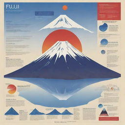 Design a visually distinct and informative poster of Mt. Fuji. Highlights include the iconic cone shape, specific locations, magma type, eruption types, formation, and effects of eruptions depicted through images, diagrams, infographics, and a volcanic color palette.