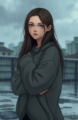 A melancholic young woman named Exa, beautifully depicted in a rainy setting, with gentle raindrops falling around her