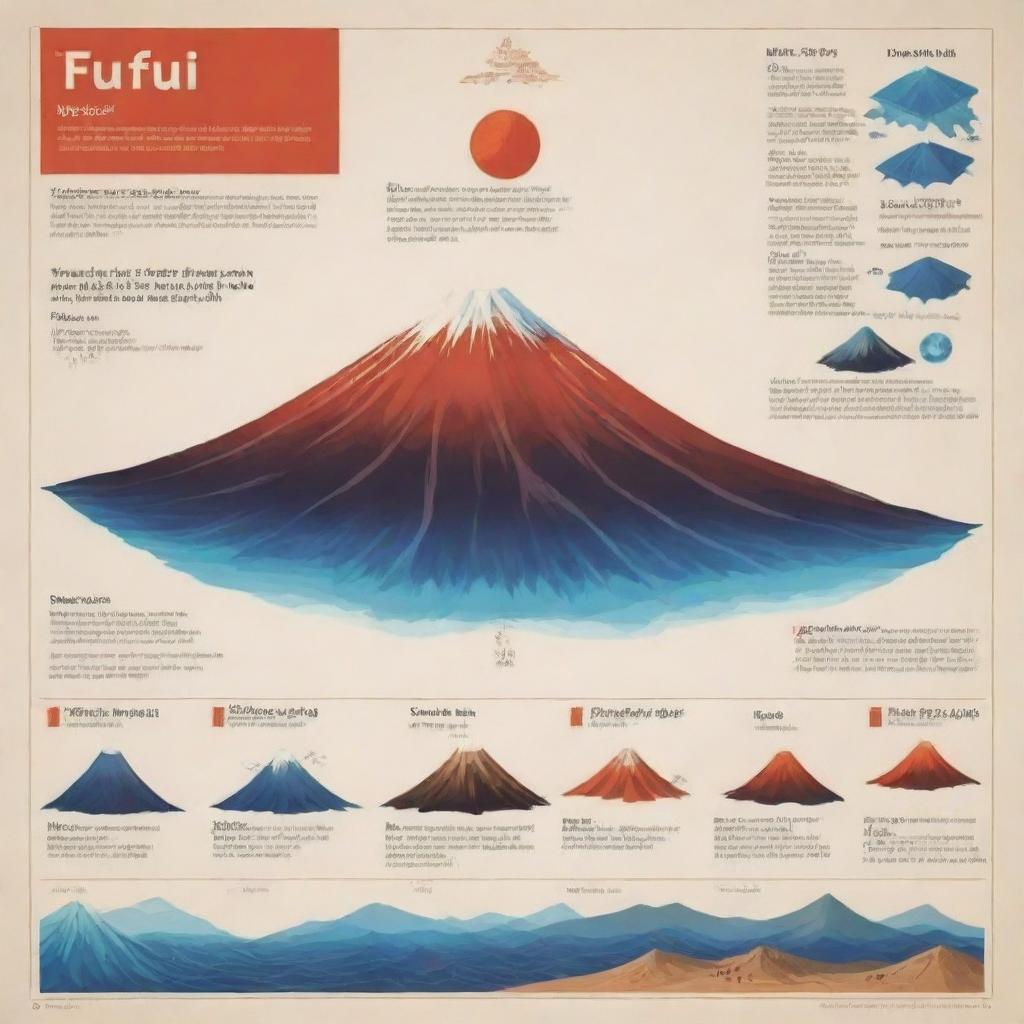 Design a visually distinct and informative poster of Mt. Fuji. Highlights include the iconic cone shape, specific locations, magma type, eruption types, formation, and effects of eruptions depicted through images, diagrams, infographics, and a volcanic color palette.