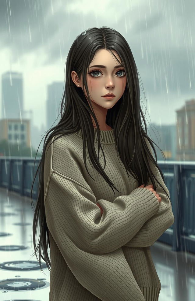 A melancholic young woman named Exa, beautifully depicted in a rainy setting, with gentle raindrops falling around her