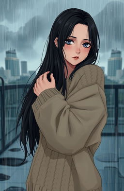 A melancholic young woman named Exa, beautifully depicted in a rainy setting, with gentle raindrops falling around her