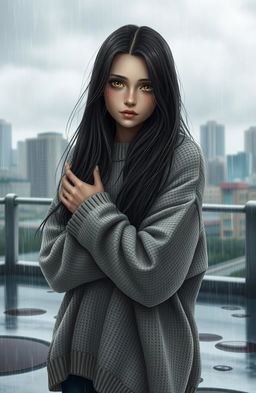 A melancholic young woman named Exa, beautifully depicted in a rainy setting, with gentle raindrops falling around her
