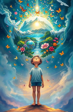 An illustration of a person standing at the center, looking up with a serene expression