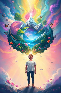 An illustration of a person standing at the center, looking up with a serene expression