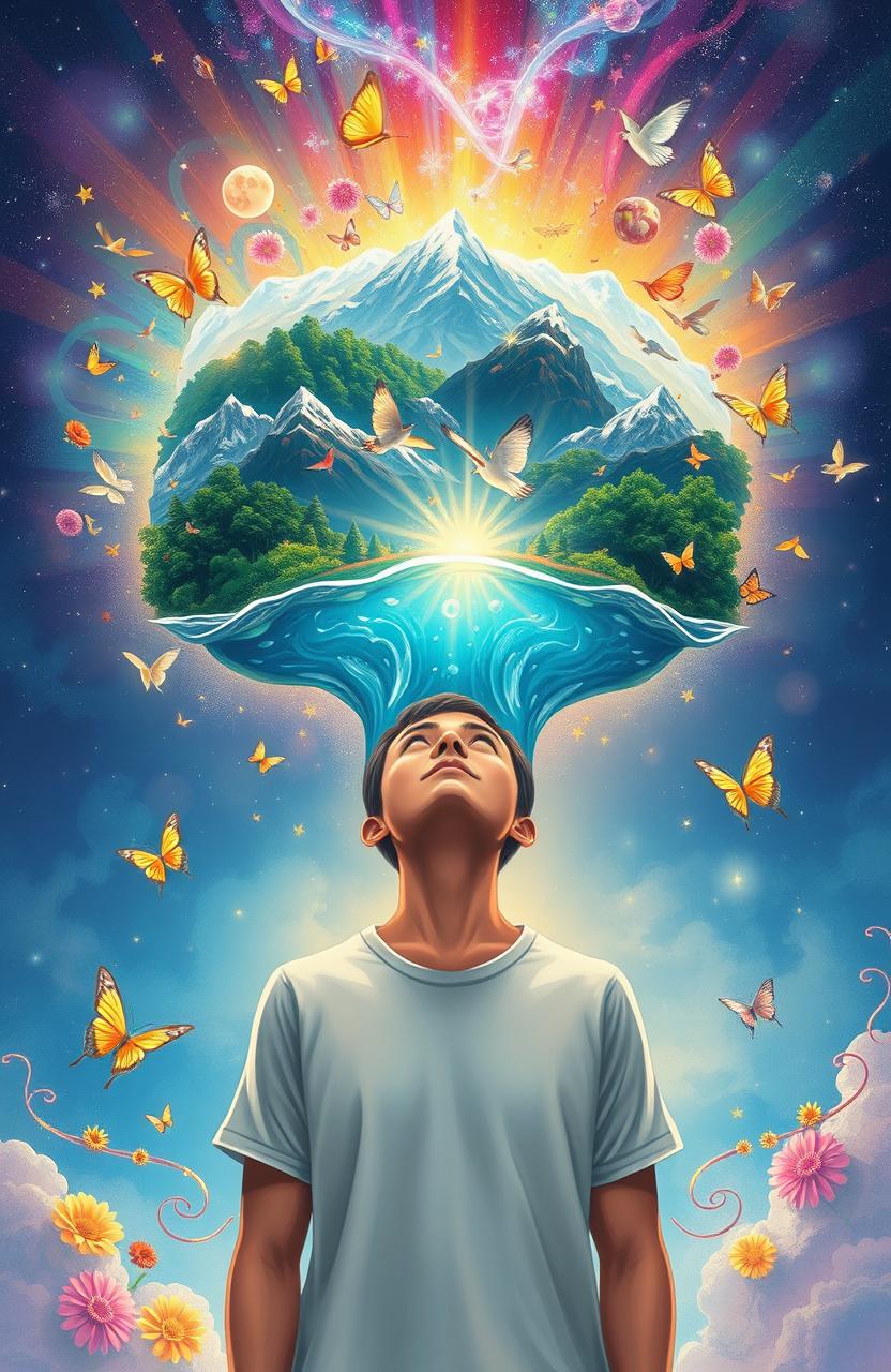 An illustration of a person standing at the center, looking up with a serene expression