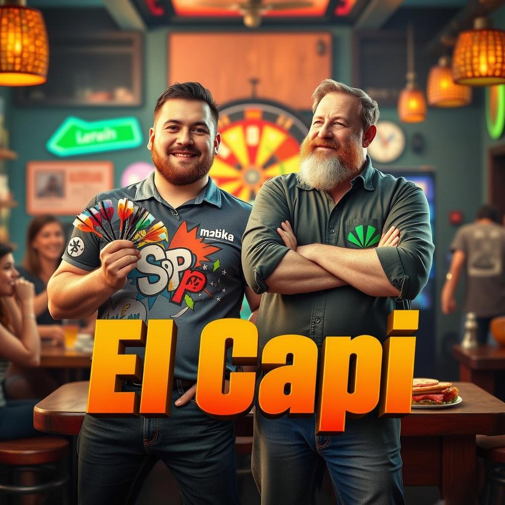 A vibrant bar scene featuring two characters: one is a young man with black hair, holding colorful dart feathers in his hand, and the other is an older man with a long white beard standing confidently beside him