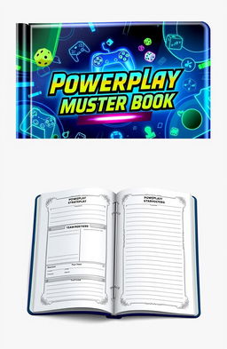 A sleek and modern design of a powerplay muster book, featuring a futuristic cover with a glossy finish that incorporates elements of gaming and strategy