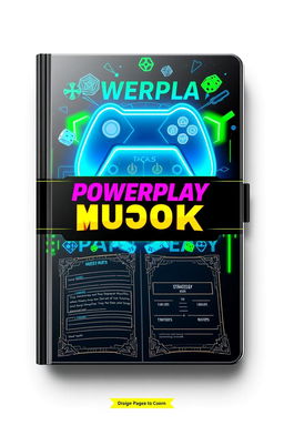A sleek and modern design of a powerplay muster book, featuring a futuristic cover with a glossy finish that incorporates elements of gaming and strategy